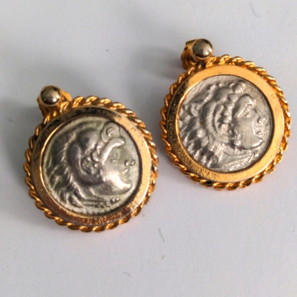 Vintage antique coin earrings.  Replica silver coins in Gold plated Bezel, Boxed